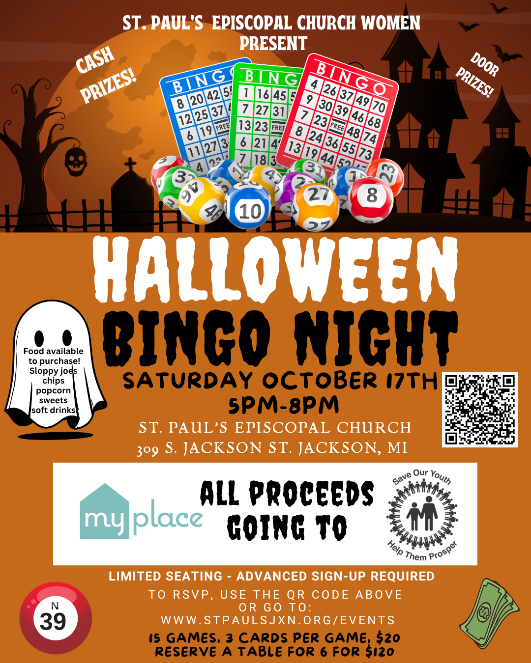 Halloween Bingo Night flyer for Saturday, October 17, 5–8 PM at St. Paul’s Episcopal Church in Jackson, Michigan