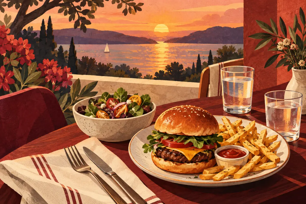 Warm autumn illustration of dinner overlooking a lake